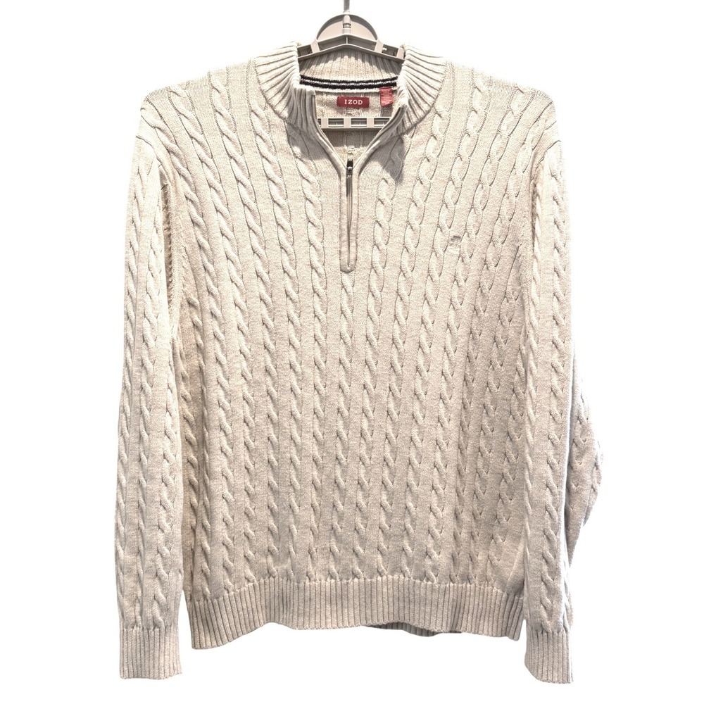 IZOD Mens XXL Beige Cable Knit Quarter Zip Mock Neck 100%‎ Cotton Sweater XXL